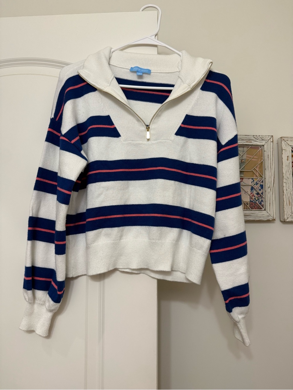 Draper James White Navy & Pink Striped Half-Zip Sweater